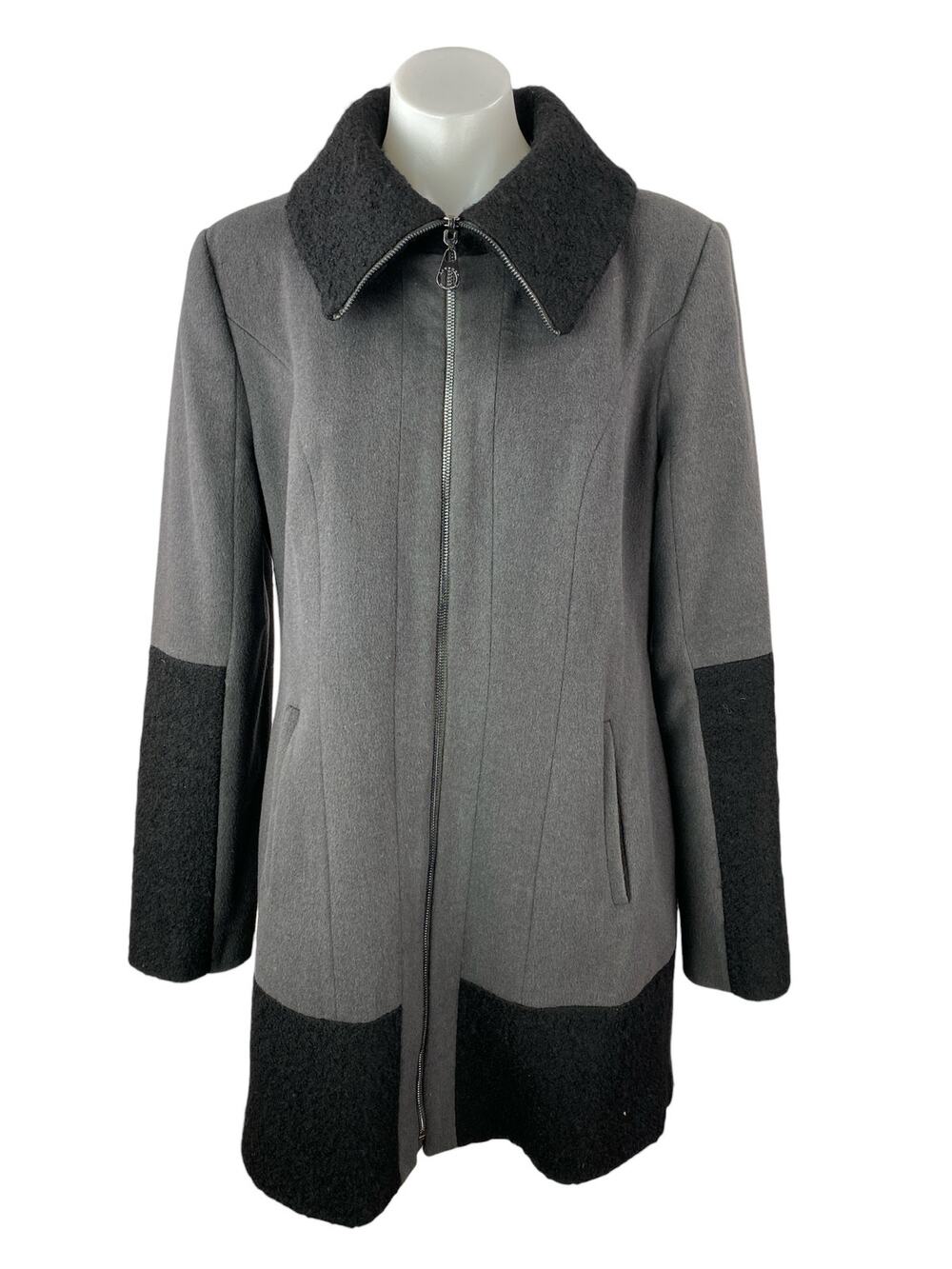 Shelli Segal Laundry Gray Wool Colorblock Long Sleeve Full Zip Pea Coat Jacket L